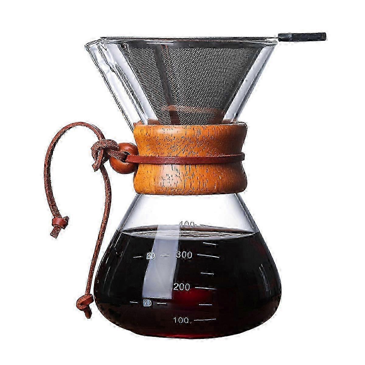 Pour Over Coffee Maker, 400ml Double Layer Filter V Spout Wooden Sleeve Coffee Brewer for Home Cafe Party miao4