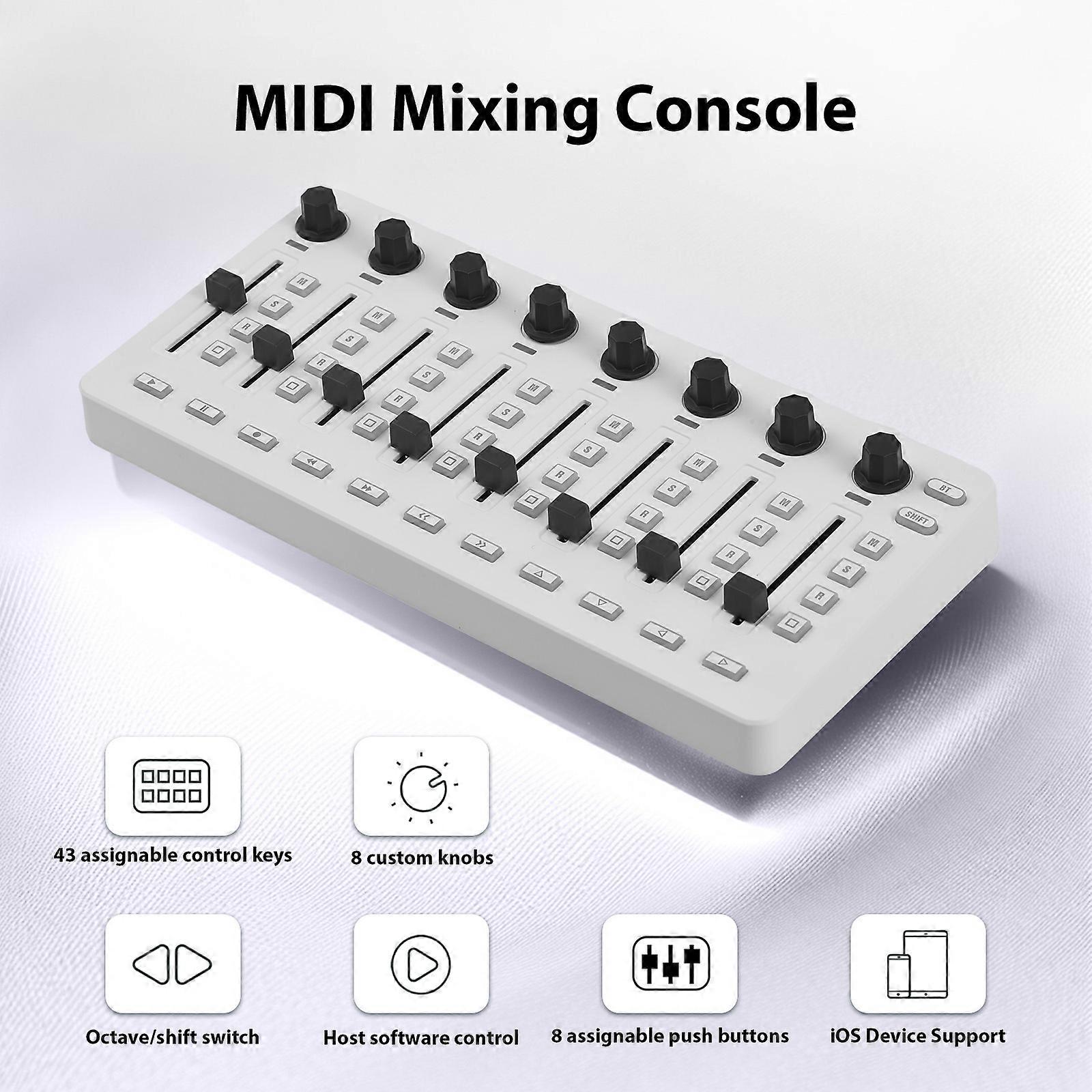 M-VAVE MIDI controller with 43 buttons, 8 knobs, and 8 faders; Bluetooth connectivity; battery/Type-C powered; SMC-MIXER built-in battery.