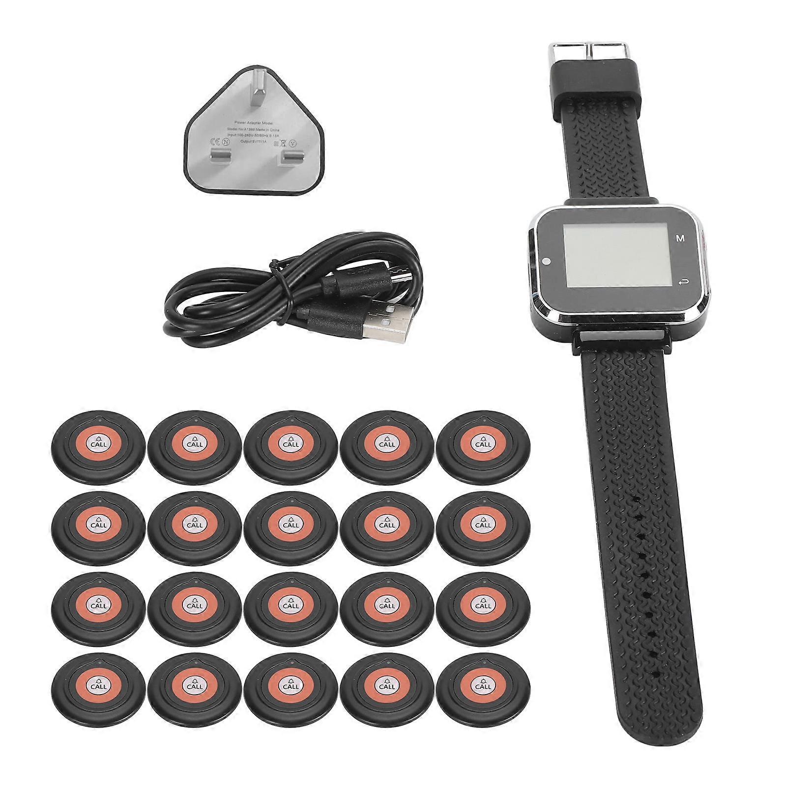 Wireless Call Button Watch System Waterproof Rechargeable 1 Watch 20 Pagers UK Plug