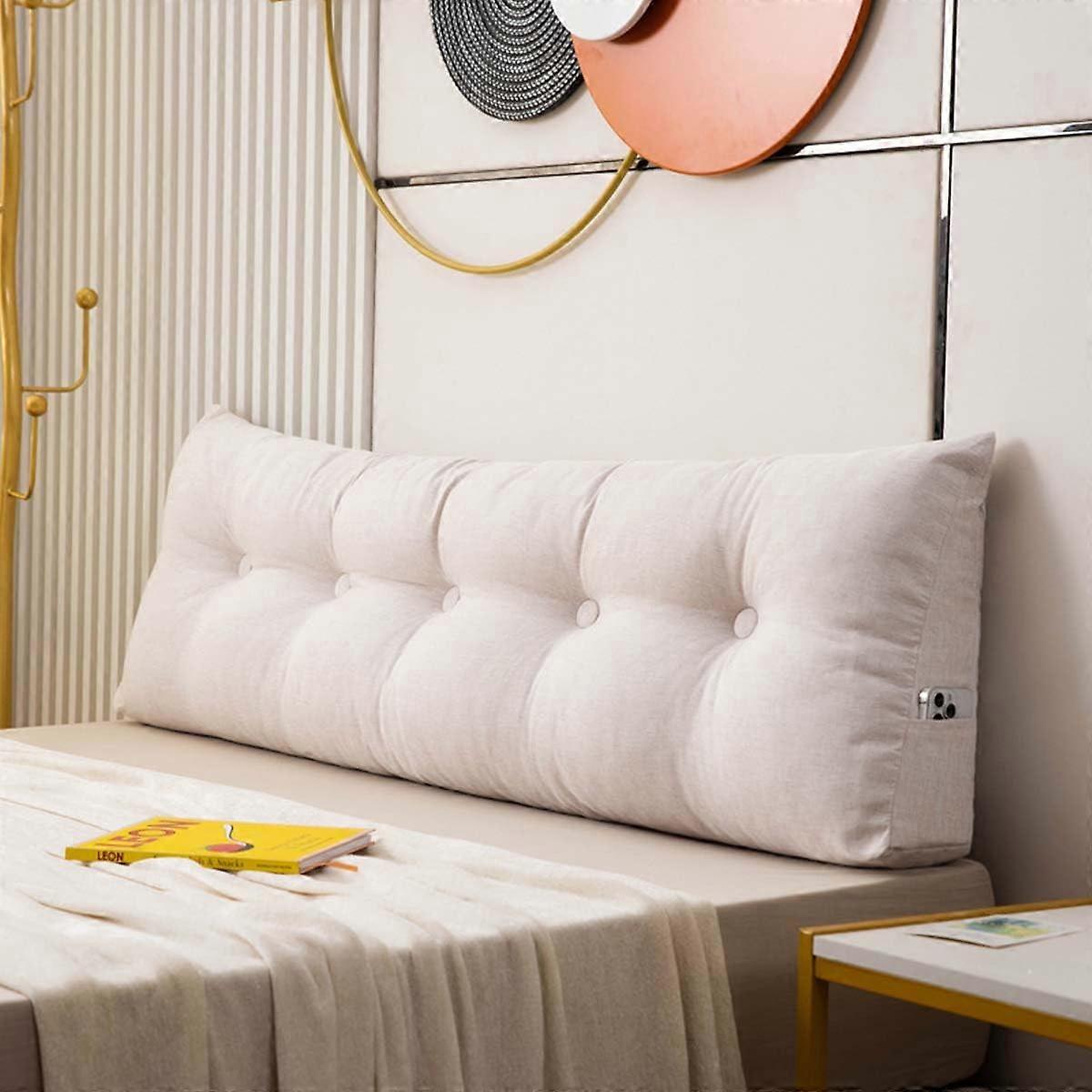 Triangular Reading Pillow with Removable Linen Cover, Large Bed Headboard Cushion for Back Support 200x40x20cm OffWhite