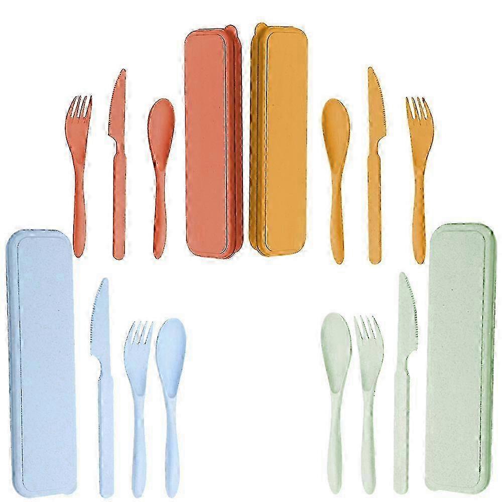 Reusable Travel Utensils Set with Case, 4 Sets Wheat Straw Portable Knife Fork Spoons Tableware, for Kids Adults Travel - style 2