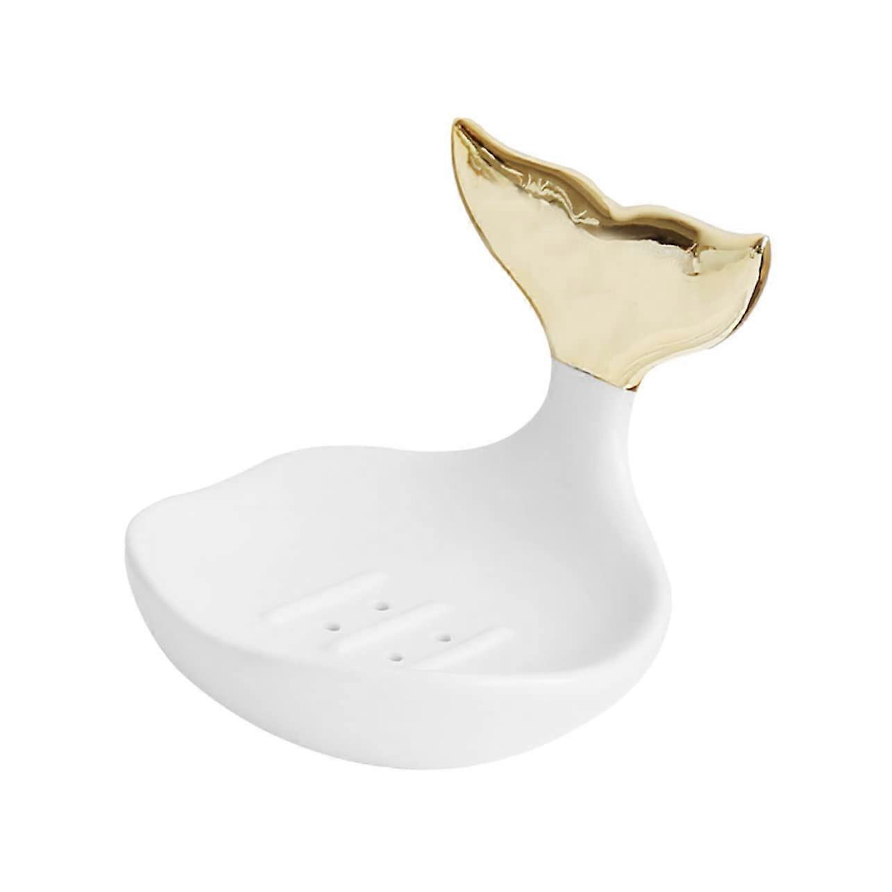 Ceramic Soap Dish with Drain, Modern Fishtail Design Bathroom Sink Accessory for Home Decor