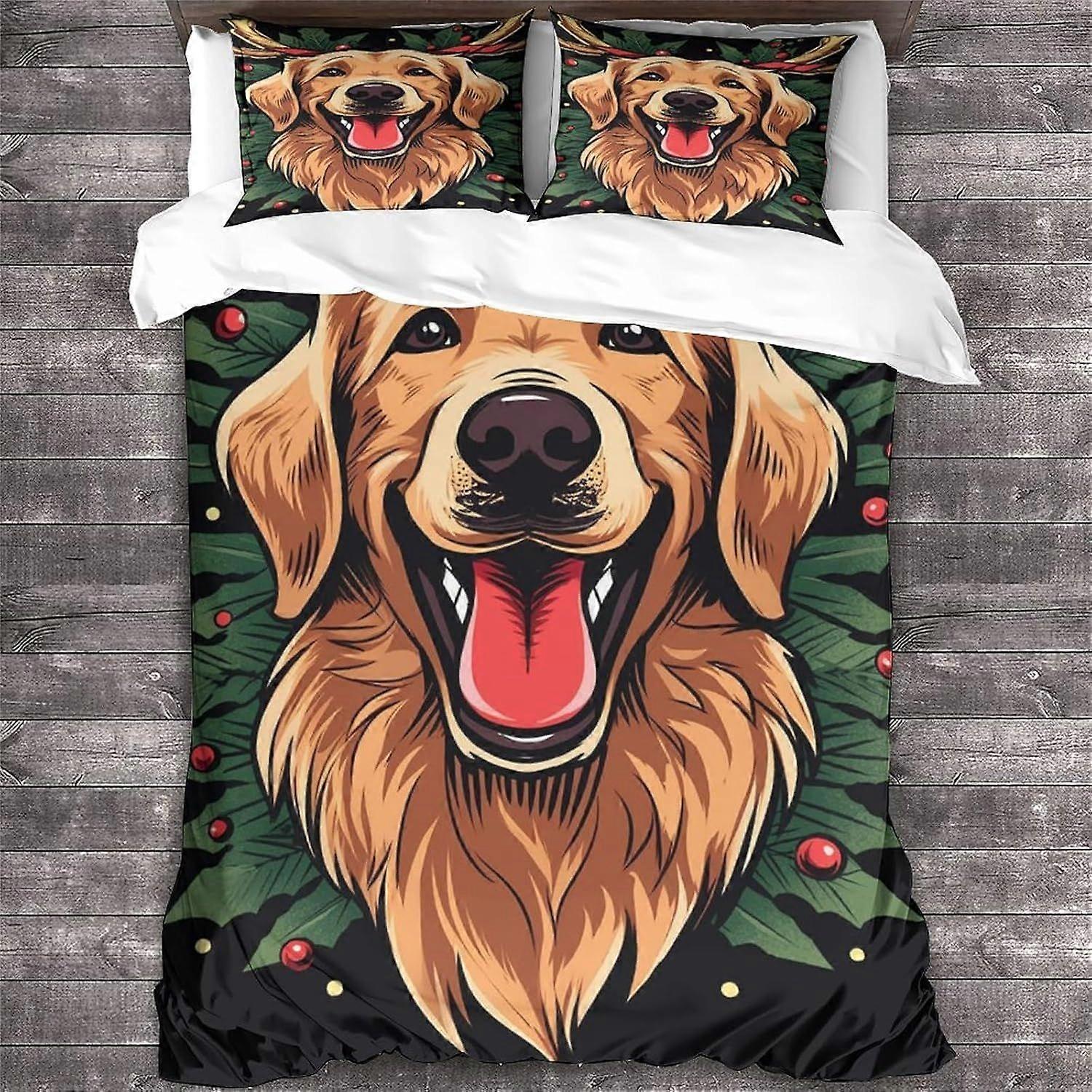 LikeEj 3D impresso Golden Retriever Bedding Set para adolescentes Natal Pattern Duvet Cover Set com fronhas Cão Capa de colcha de microfibra com zíper Clo
