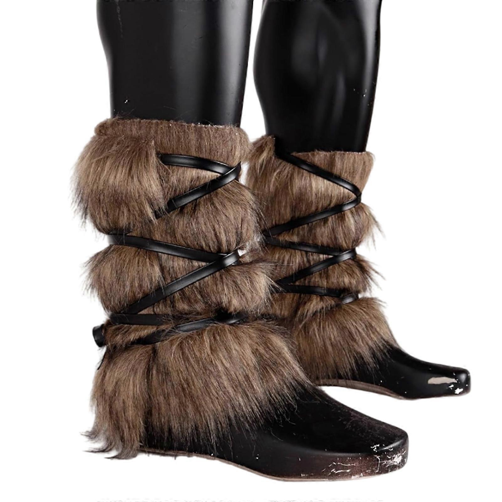Fuzzy Faux Furs Leg Warmers Faux Furs Fuzzy Long Boot Shoes Cuffs Cover Medieval Cosplay Costumes for Womens Men Gifts  Camel leg warmers 30cm