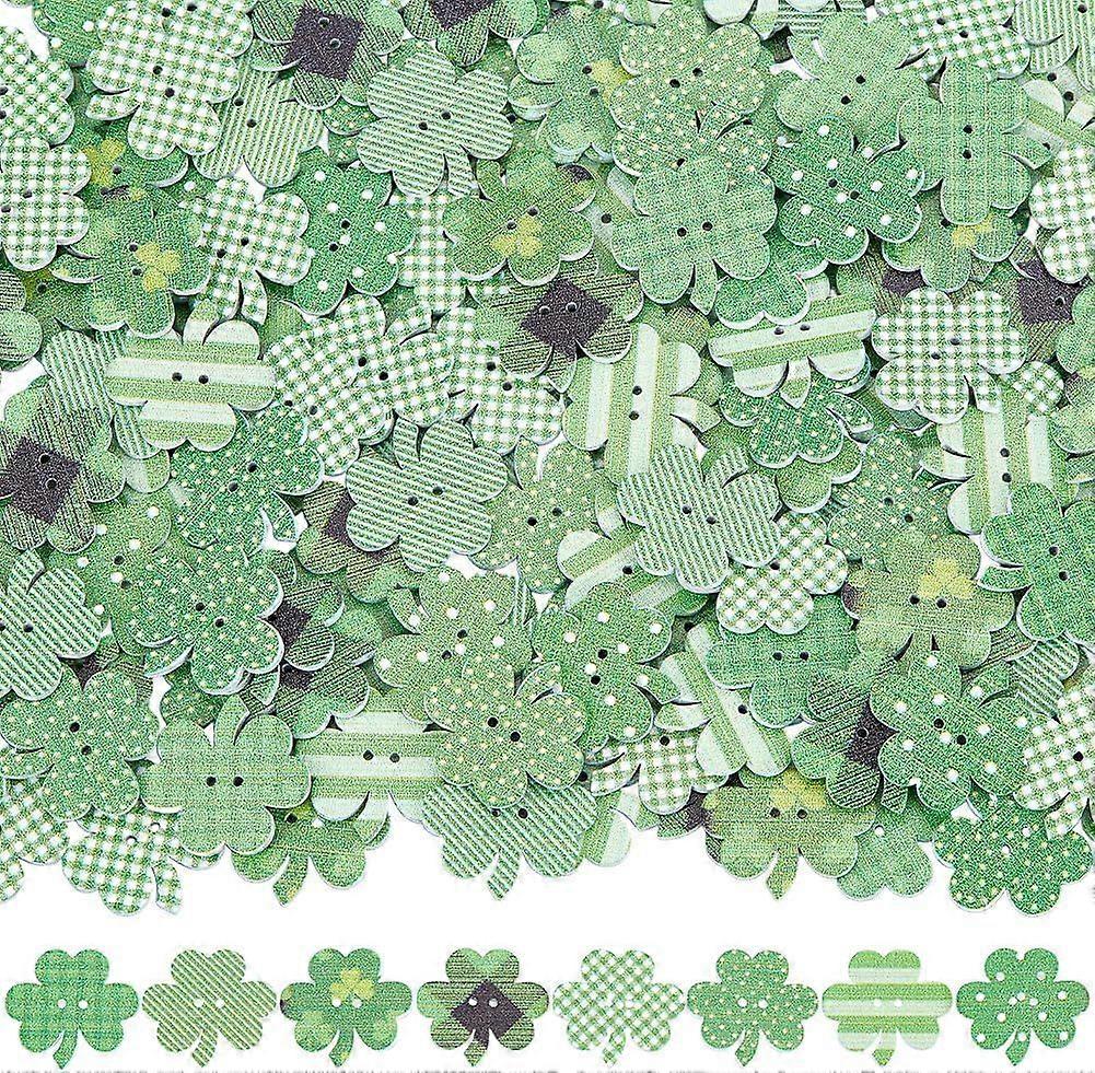 200Pcs 2 Holes 25MM St Patricks Day Buttons Assorted Green Spring Shamrock Wood Buttons Leaf Clover Shaped Wooden Button Bulk for Sewing Making Craft 