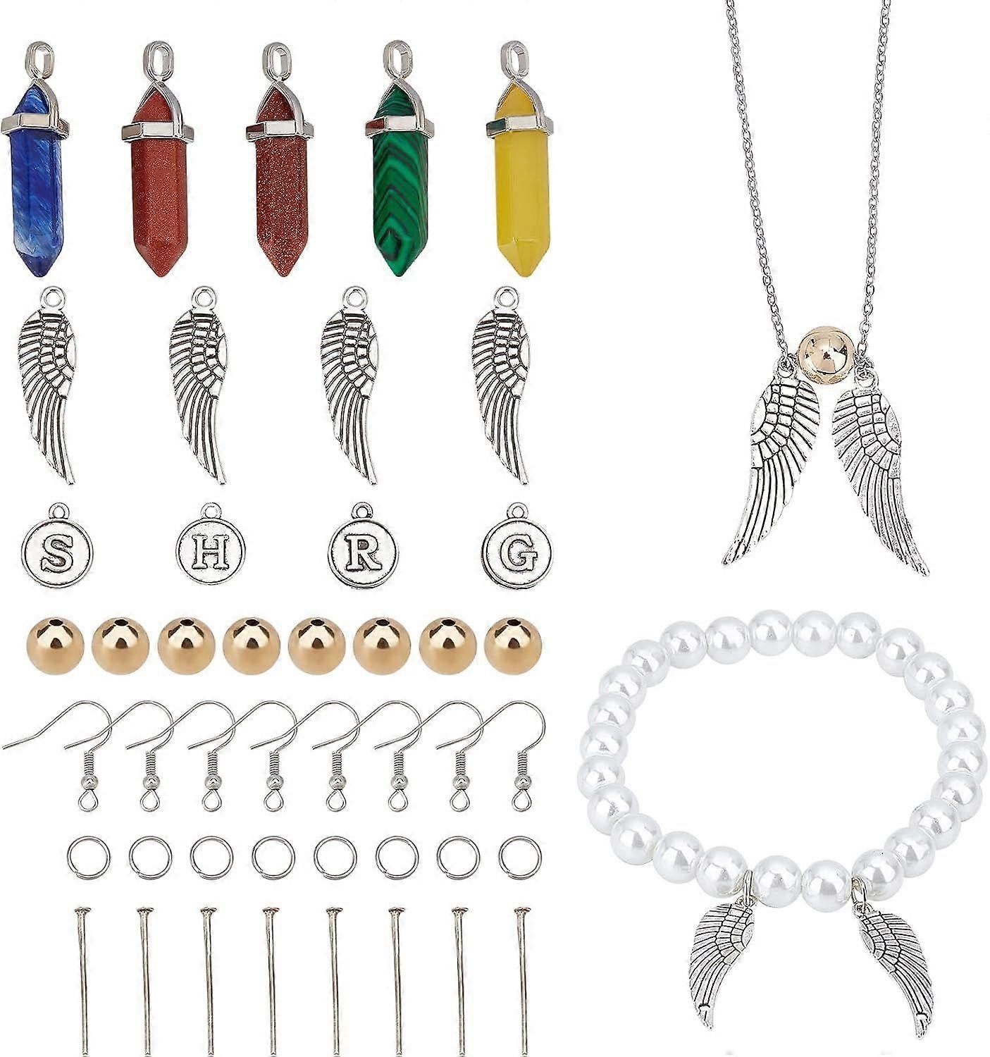 130pcs Mixed Gemstone Pointed Pendants Magic Theme Finding Set Quidditch Snitch DIY Kit Including Tibetan Style Alloy Charms Brass Beads Iron Jump Rin
