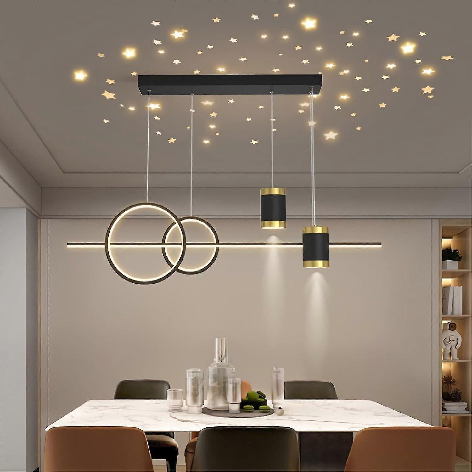 Modern Adjustable LED Pendant Light with Black Ring Design, Dimmable Chandelier for Dining Room