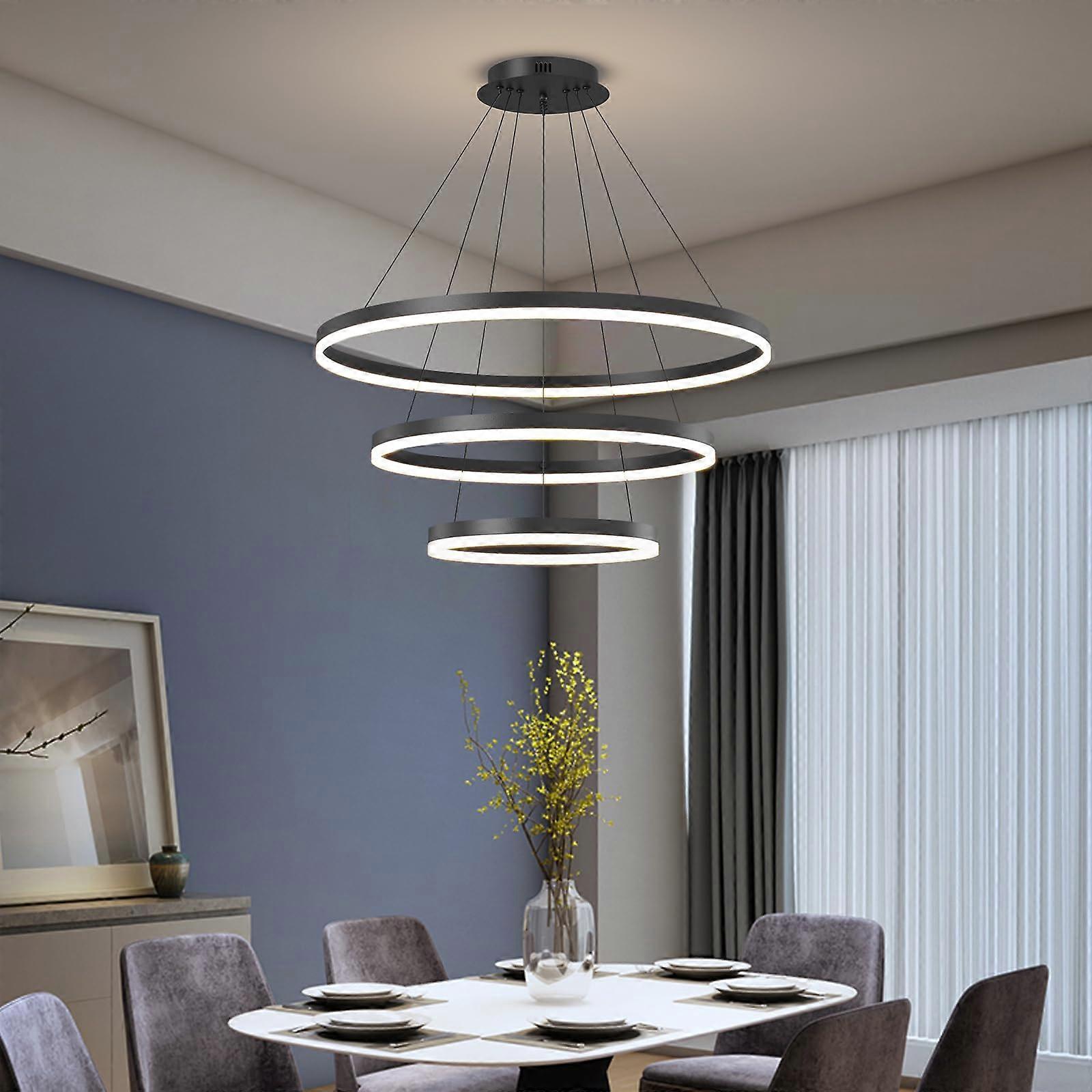 Modern LED Chandelier with Remote Dimming Control, Adjustable 2 Ring Acrylic Black Ceiling Light Fixture