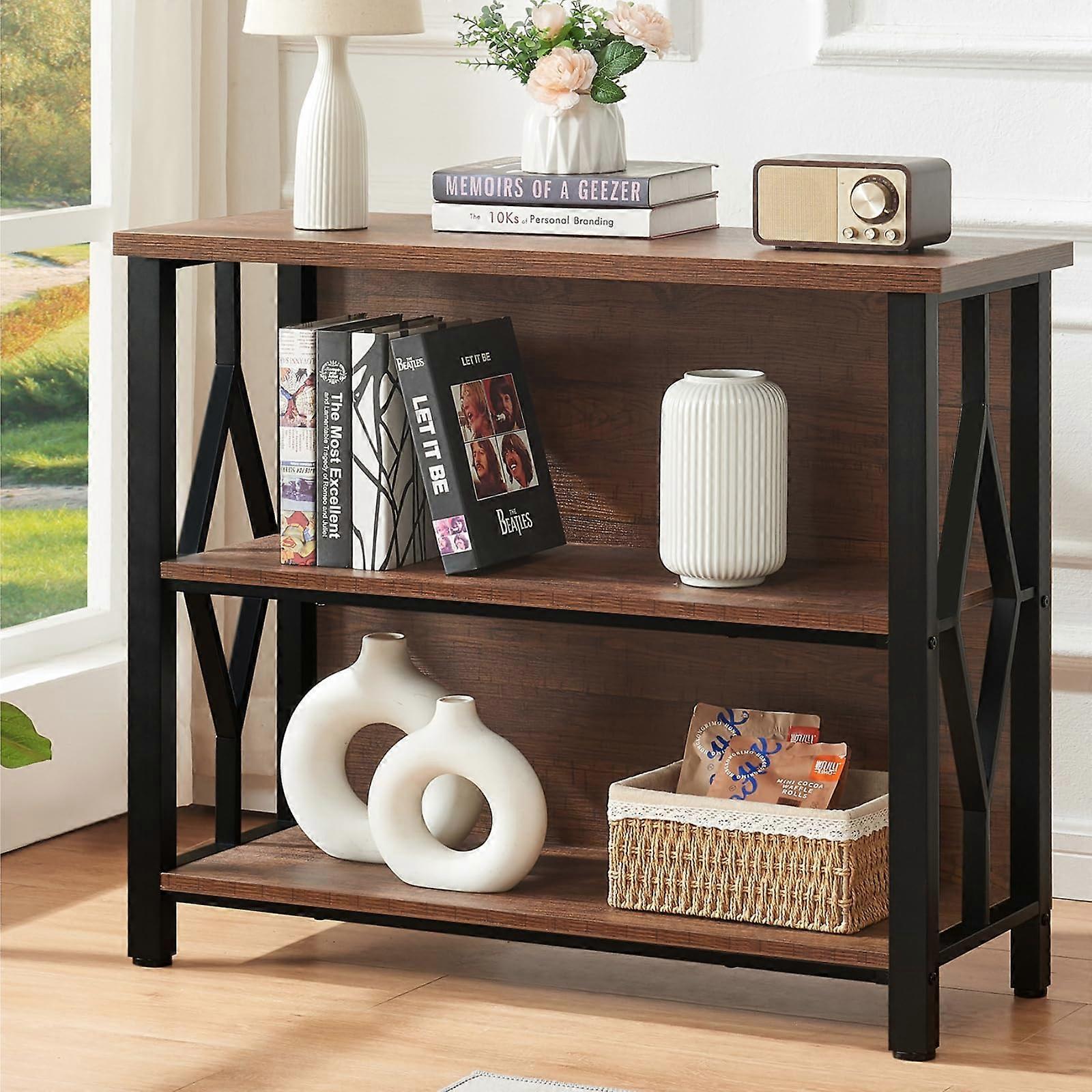 3 Tier Rustic Bookshelf with Wood and Metal Frame, SpaceSaving Bookcase for Living Room or Office