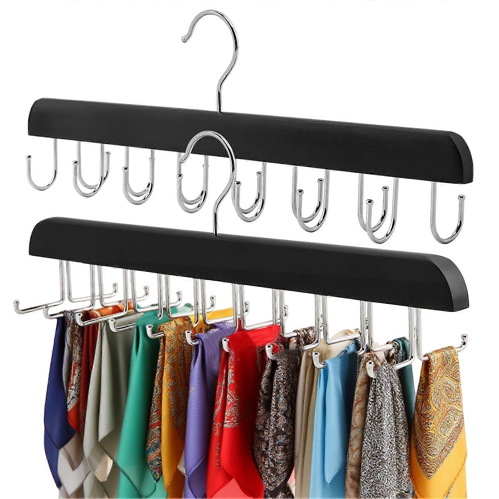 2 Pack Wooden Tie and Belt Organizer with 20 Foldable Hooks, 360° Rotating Closet Accessory Hanger