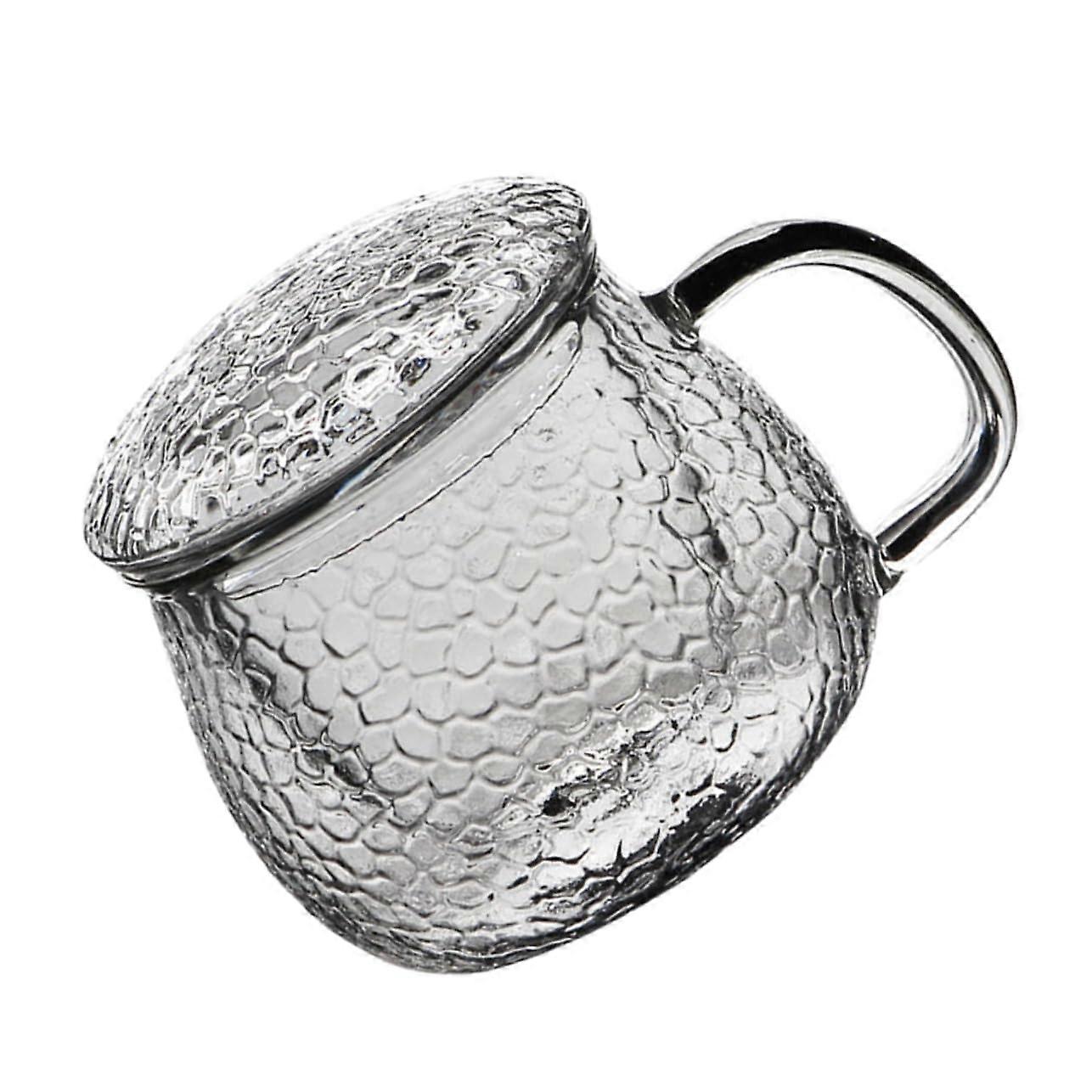 Glass Tea Mug with Builtin Infuser and LeakProof Lid, Hammer Pattern Design for Office Use