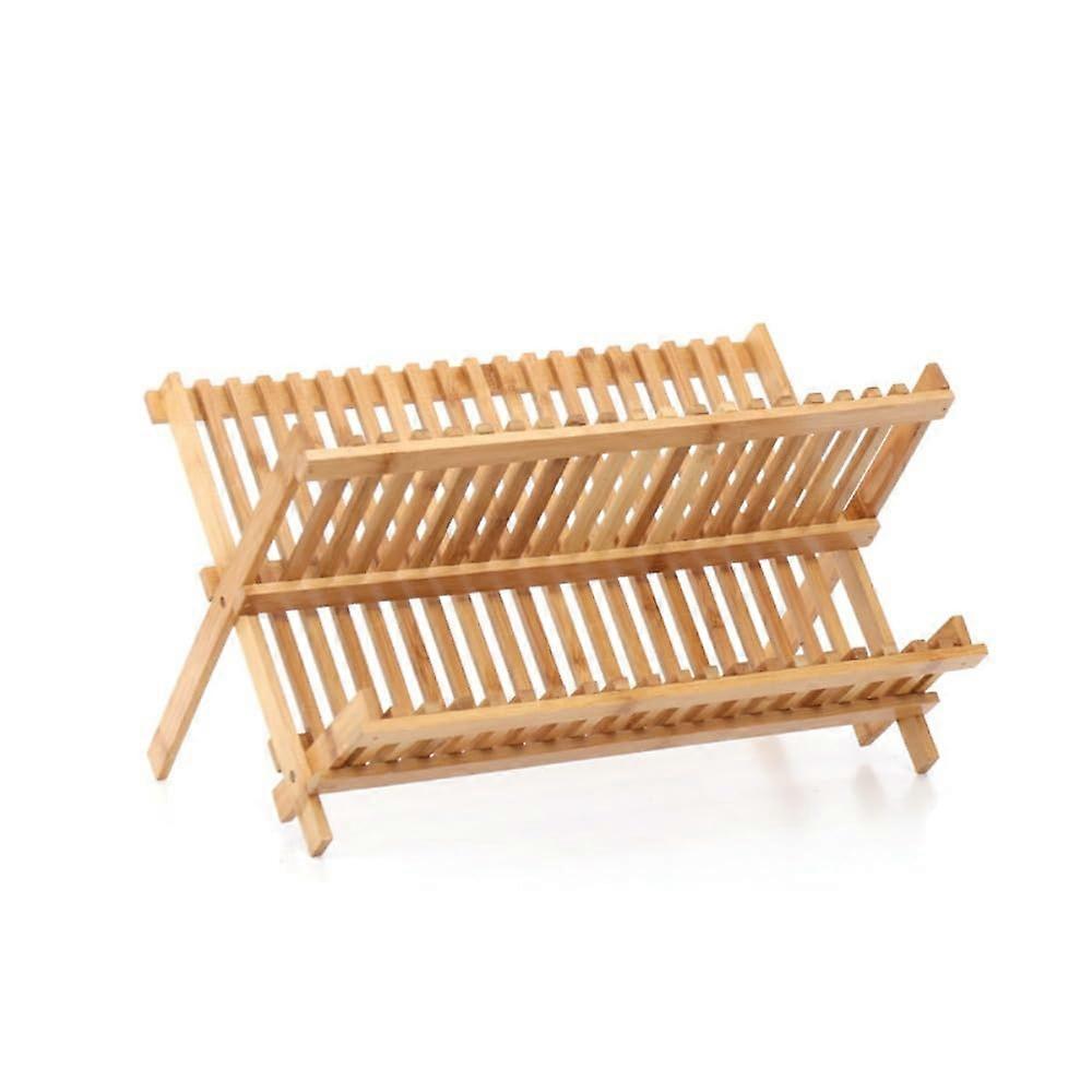 Bamboo Dish Drying Rack 2 Tier Foldable Design for Kitchen Countertop with 20 Grids Cup Holder