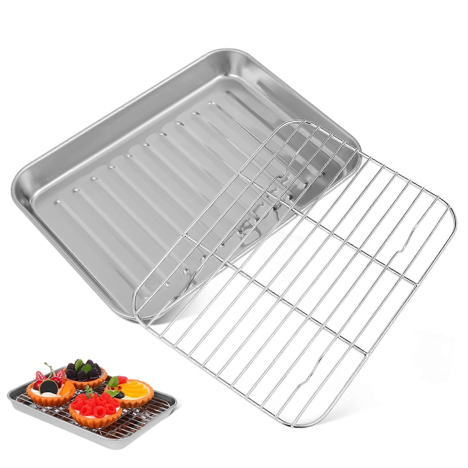 2 Sets Stainless Steel Baking Tray with Wire Rack, Large Capacity Oven Roasting Pan Silver