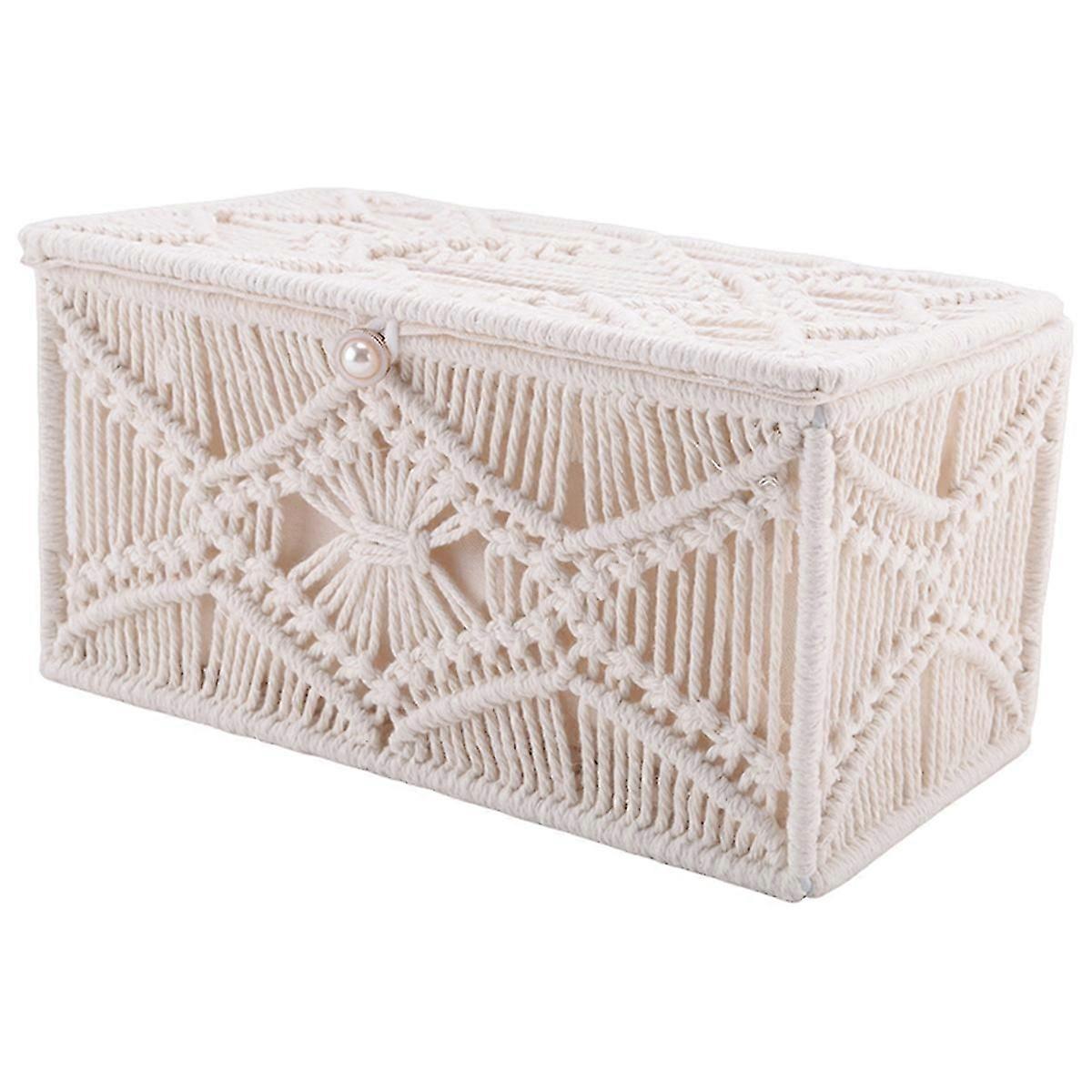 Tissue Box Cover Boho Decor Rectangular Paper Tissue Holder with Bead Buckle Macrame Napkin Tissues