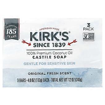 Kirk's, 100% Premium Coconut Oil Castile Bar Soap, Original Fresh, 3 Bars, 4 oz (113 g) Each, 3-Pack