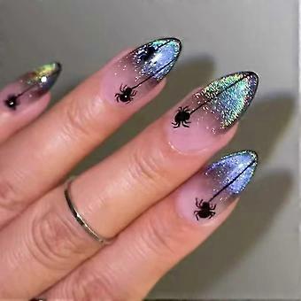24pcs Halloween Press On Nails Almond French Tip with Black Spider Design Fake Acrylic Full Cover