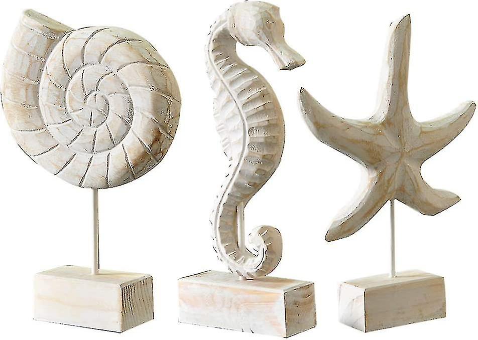3 Pieces Wooden Handmade Beach Nautical Style Figurines Starfish/conch/seahorse Statues