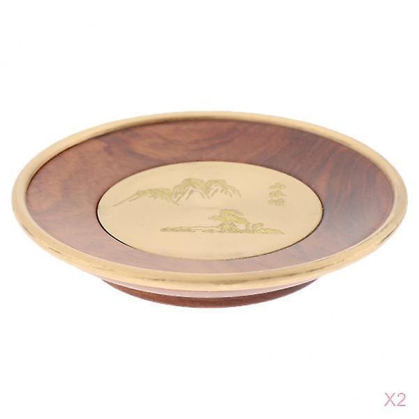2 Pieces Wooden Tea Mat Copper Wrapped Edging Scenery Pattern