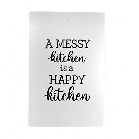 Cutting board A messy kitchen with a white side and a black side