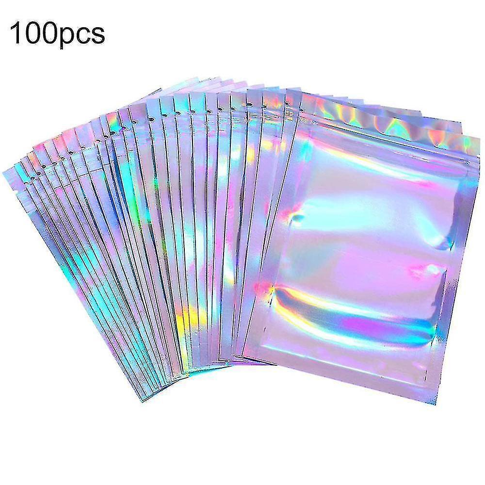 家庭用収納バッグ14x20cm 100pcs 4サイズフラットバスソルト化粧品バッグ片面クリアホログラフィックミニアルミホイル