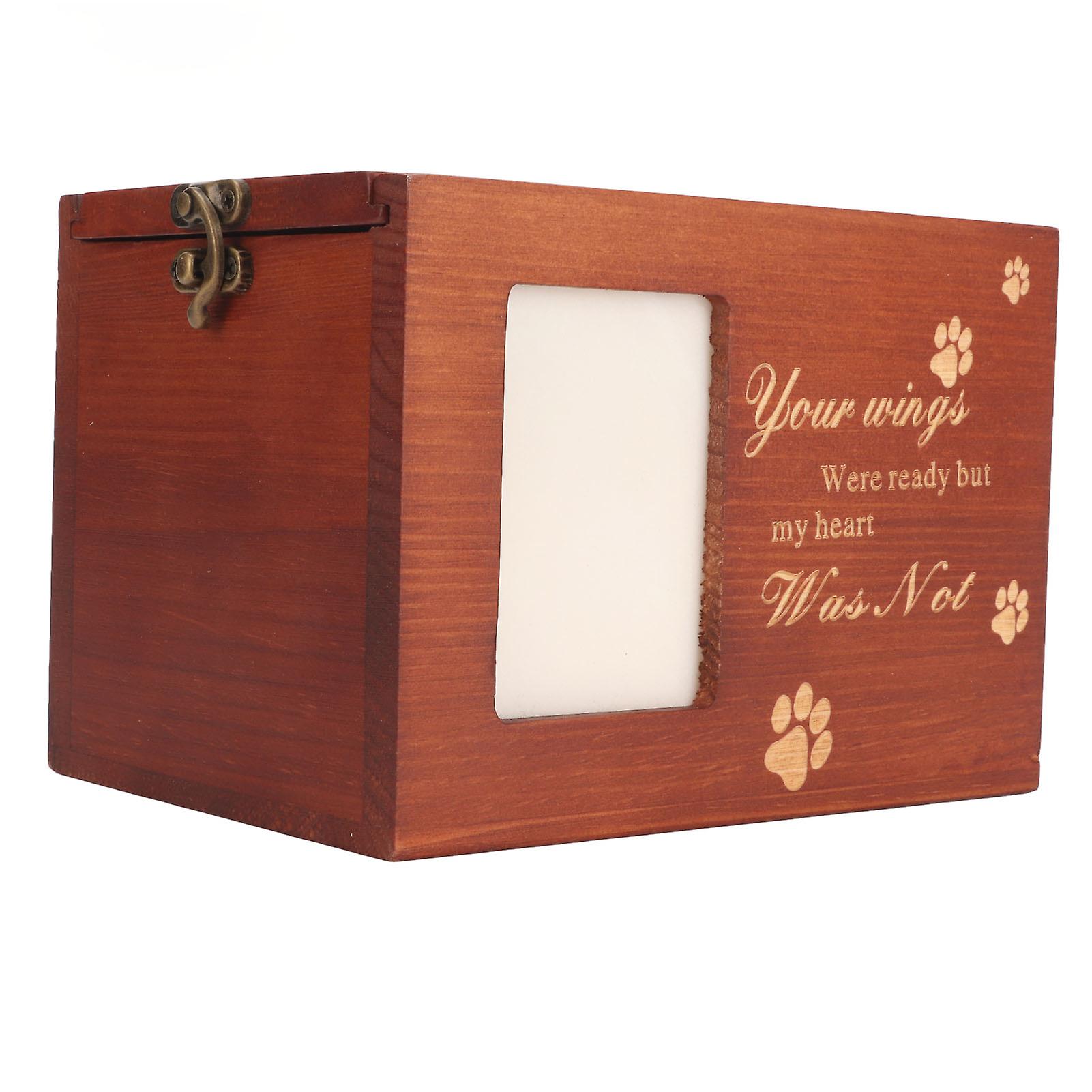 Wooden Pet Urn with Photo Frame, Wooden Funeral Casket with Carved Paw Print and Text for Dog and Cat