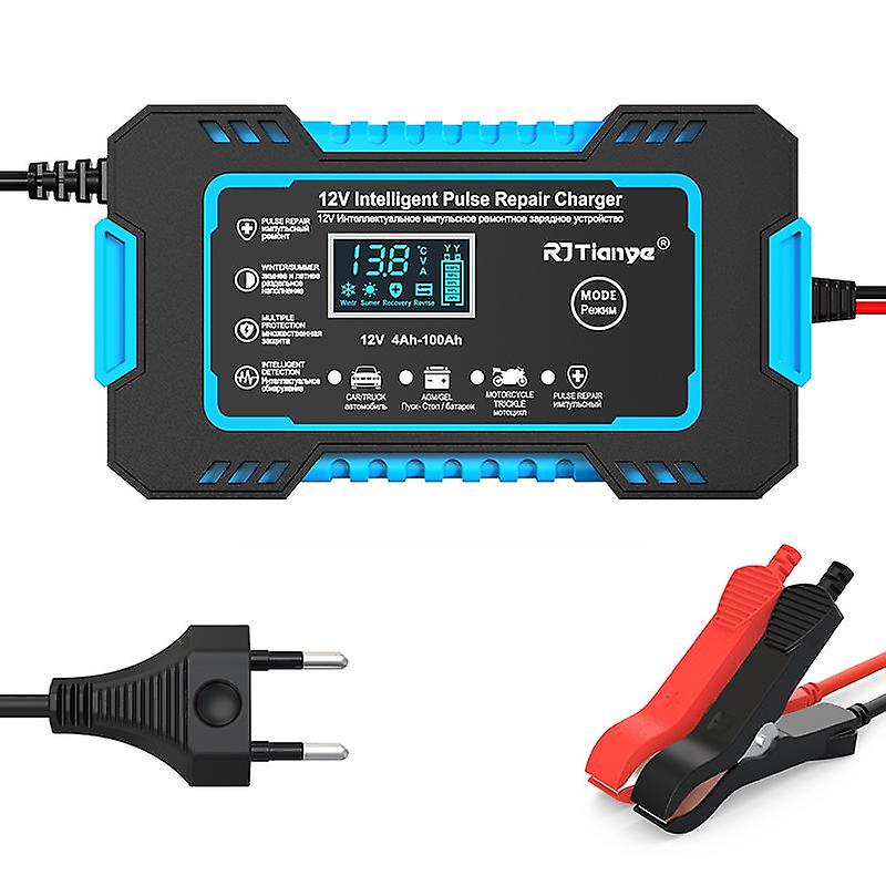 12V Battery Charger for Car Motorcycle Moto Full Automatic Multi-Function 6A Pulse Repair Touch Switch Screen and LCD Display for Wet Dry Lead Acid