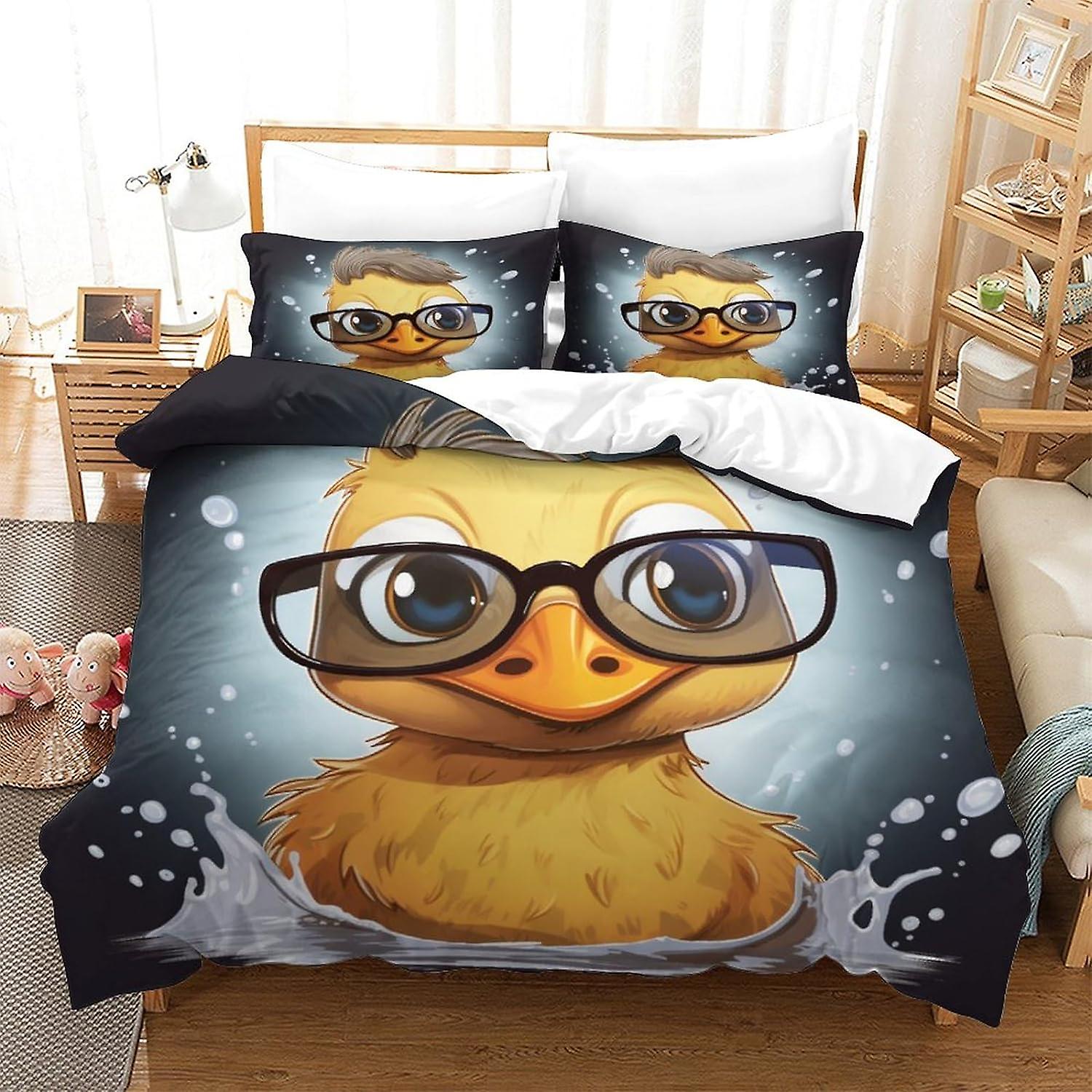 HOUKIG Set letto d'anatra gialla stampato in 3D con simpatico copripiumino in microfibra, set copripiumino in 3 pezzi, copripiumino in microfibra, .