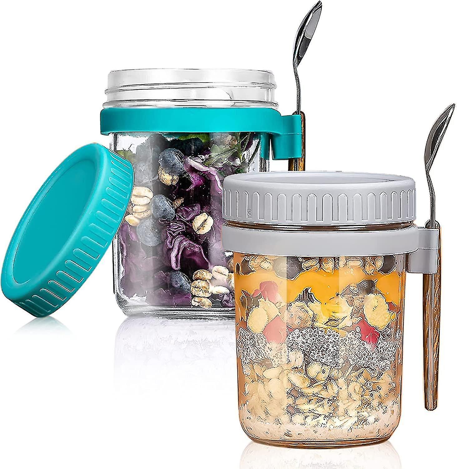 Overnight Oats Containers with Lid and Spoon Set Of 2, 10 Oz Large Airtight Capacity Overnight Oats 