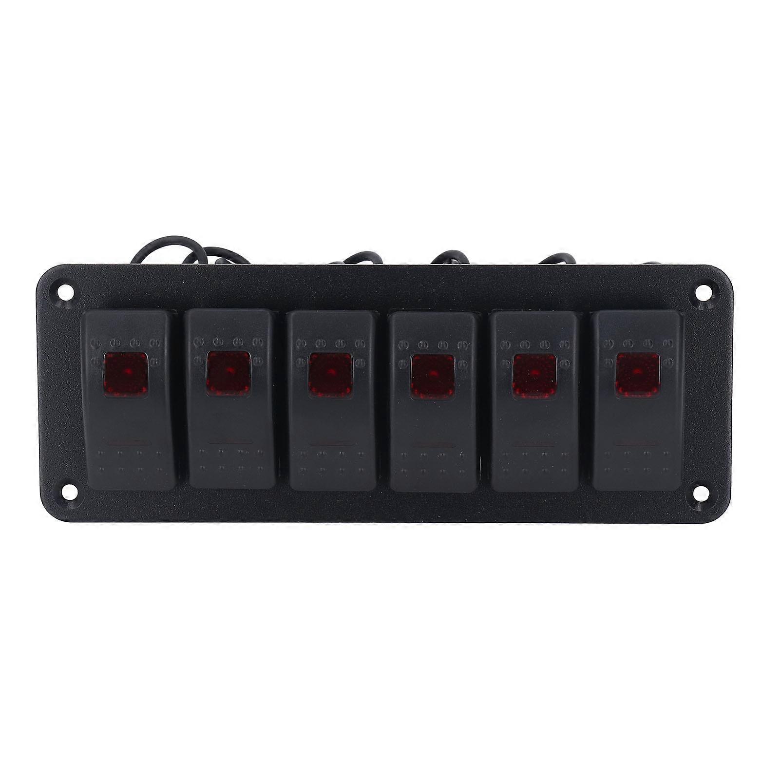 6 Gang Rocker Switch Panel LED Backlit On Off Switch Waterproof Circuit Protection for Car RV Bus Marine Boat ATV UTV Red