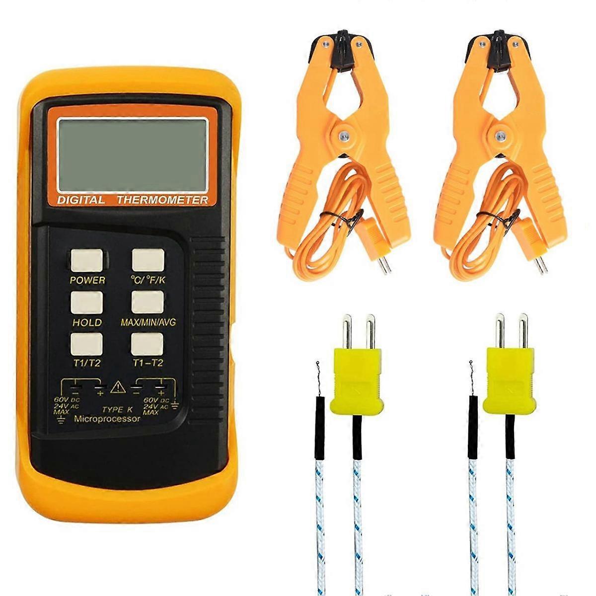 Digital K Type Thermocouple Thermometer(-50-1300C) Dual Channel, 2 Thermometer Pipe Clamp and 2 Se