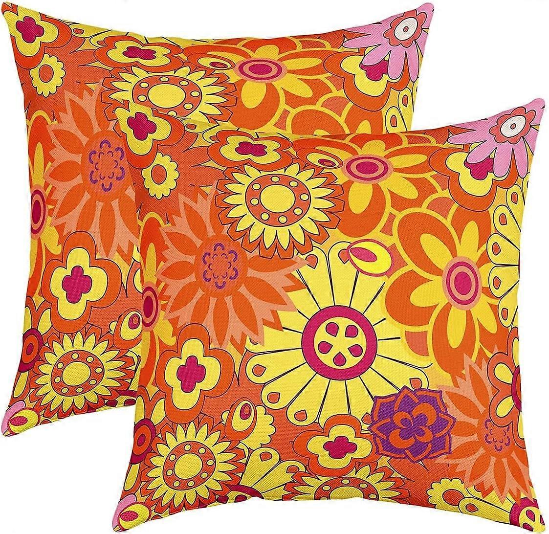 2'li Set Hippie Boho Yastık Kılıfları 16x16 70S Retro Groovy Çiçekler Güç Atma Yastık Kılıfları Estetik Vintage Çiçekli Yastık Kılıfları Kızlar için Renkli
