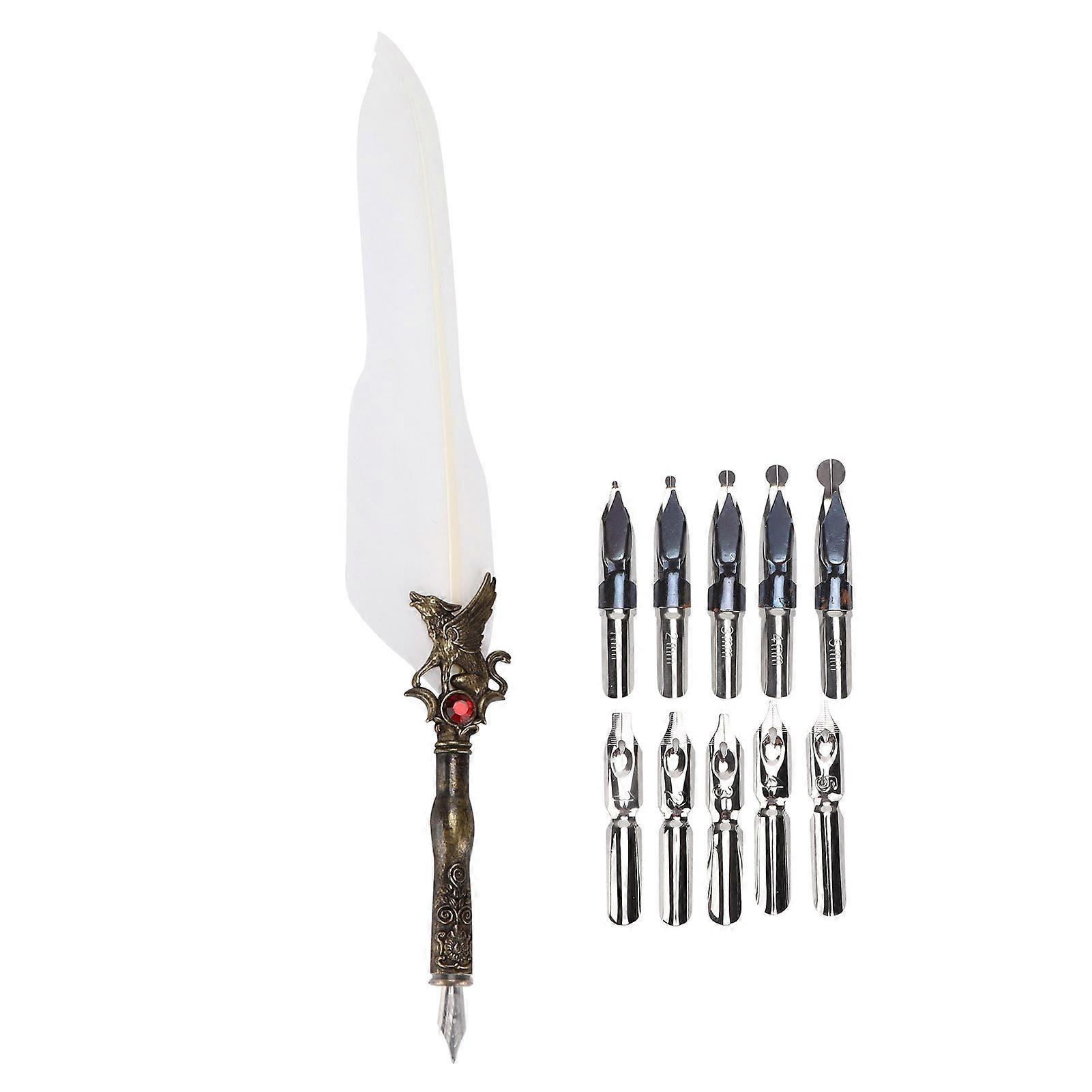 ريشة القلم الحرفية الرجعية منحوتة الفولاذ المقاوم للصدأ تراجع قلم رصاص لتوقيع هدية الجدول الزخرفةأبيض