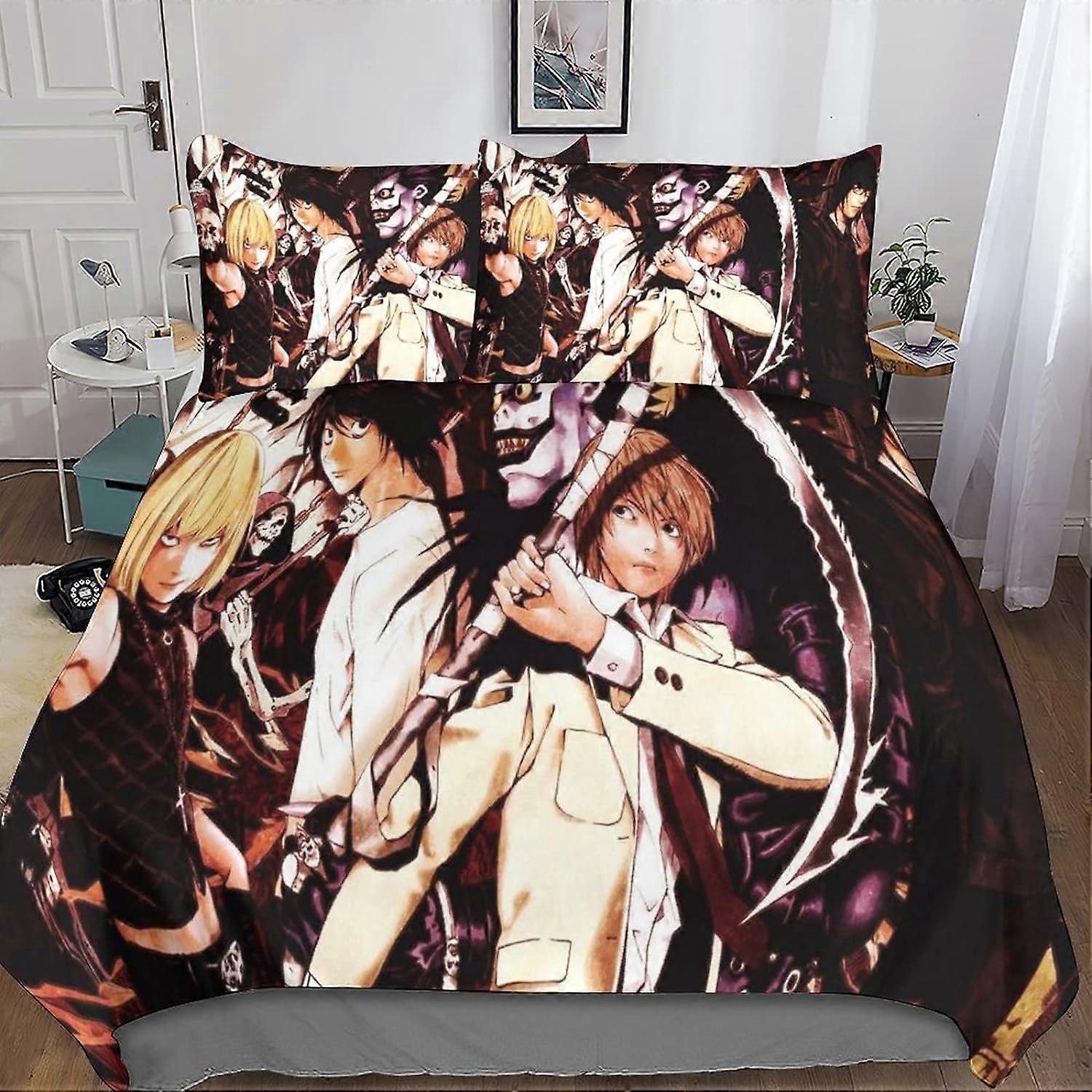 Death Note Komplet pościeli Poszwa na kołdrę Anime Łóżko Poszwa na kołdrę / Poszewki na poduszki / Prześcieradło 3D Mikrofibra z zapięciem na zamek błyskawiczny 3 Szt dla Dorosłych Dzieci Dziewczęta Podwójne