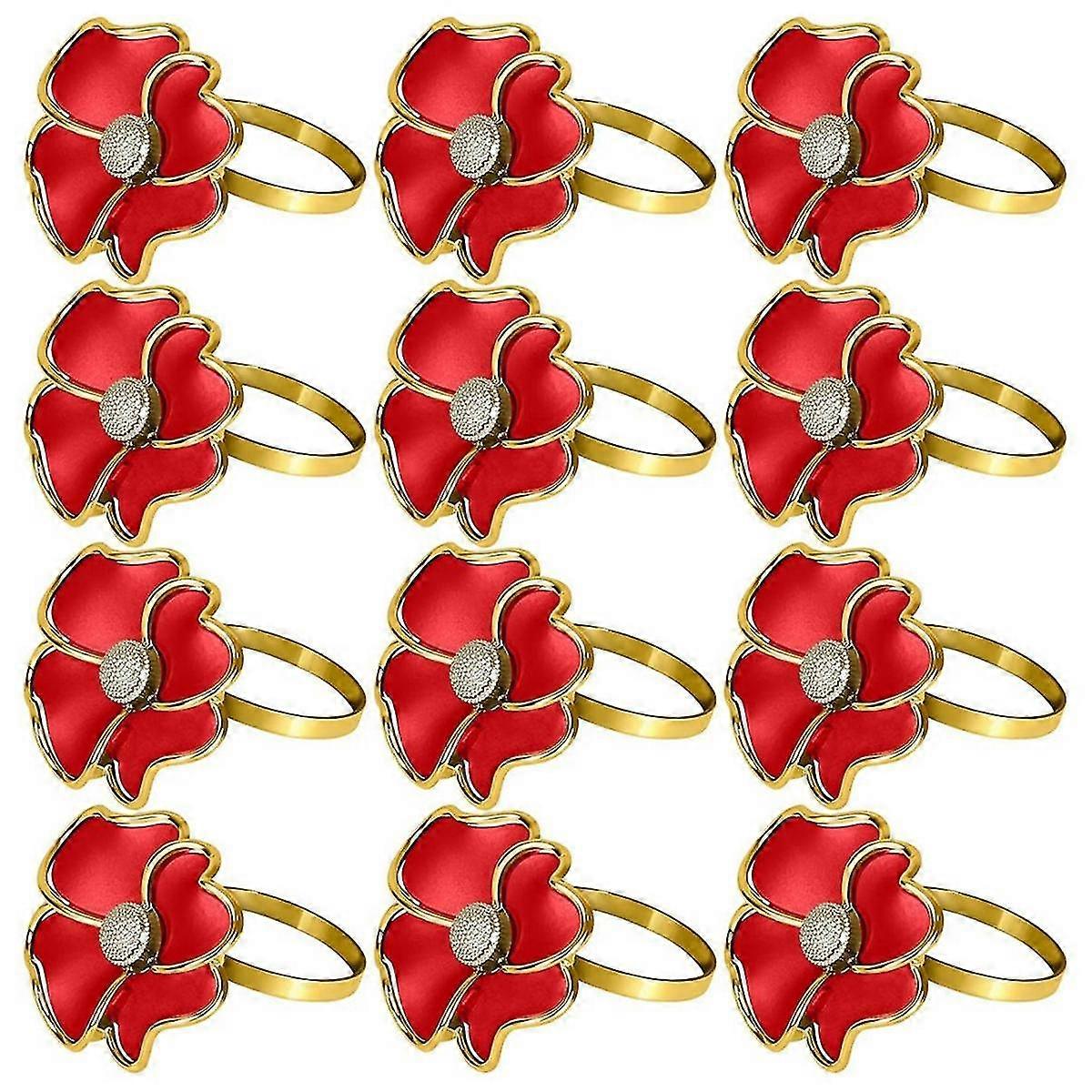 Flower Napkin Rings - Non-Rust, Elegant Napkin Holders for Paper Napkins and Table Cloths for Dinner, Red Set of 12