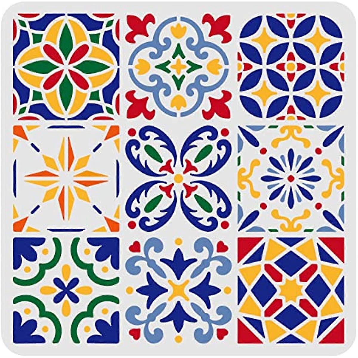 1 Pcs Tile Stencils 9 Styles Mini Mandala Tiles Stencil Templete 11.8x11.8 inch Plastic Floral Pattern Stencils Reusable Art Mandala Stencils for Floo
