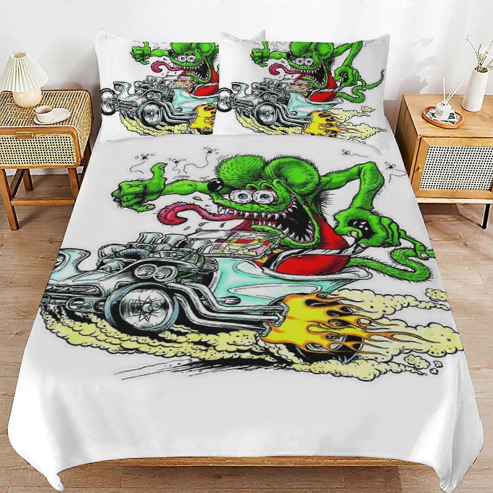 x306 Rat Fink Säng Påslakan Mikrofiber Sängkläder Uppsättningar 3D-Tryckt Lätt 3 Delar Täcken, 1 Påslakan Och 2 Kudde Shams För Barn Pojkar Gi