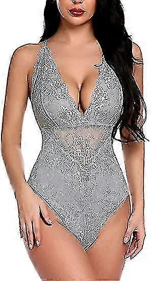 Kvinnor Snap Grenkläder Spets Bodysuit, Djup V-bit Spets Babydoll