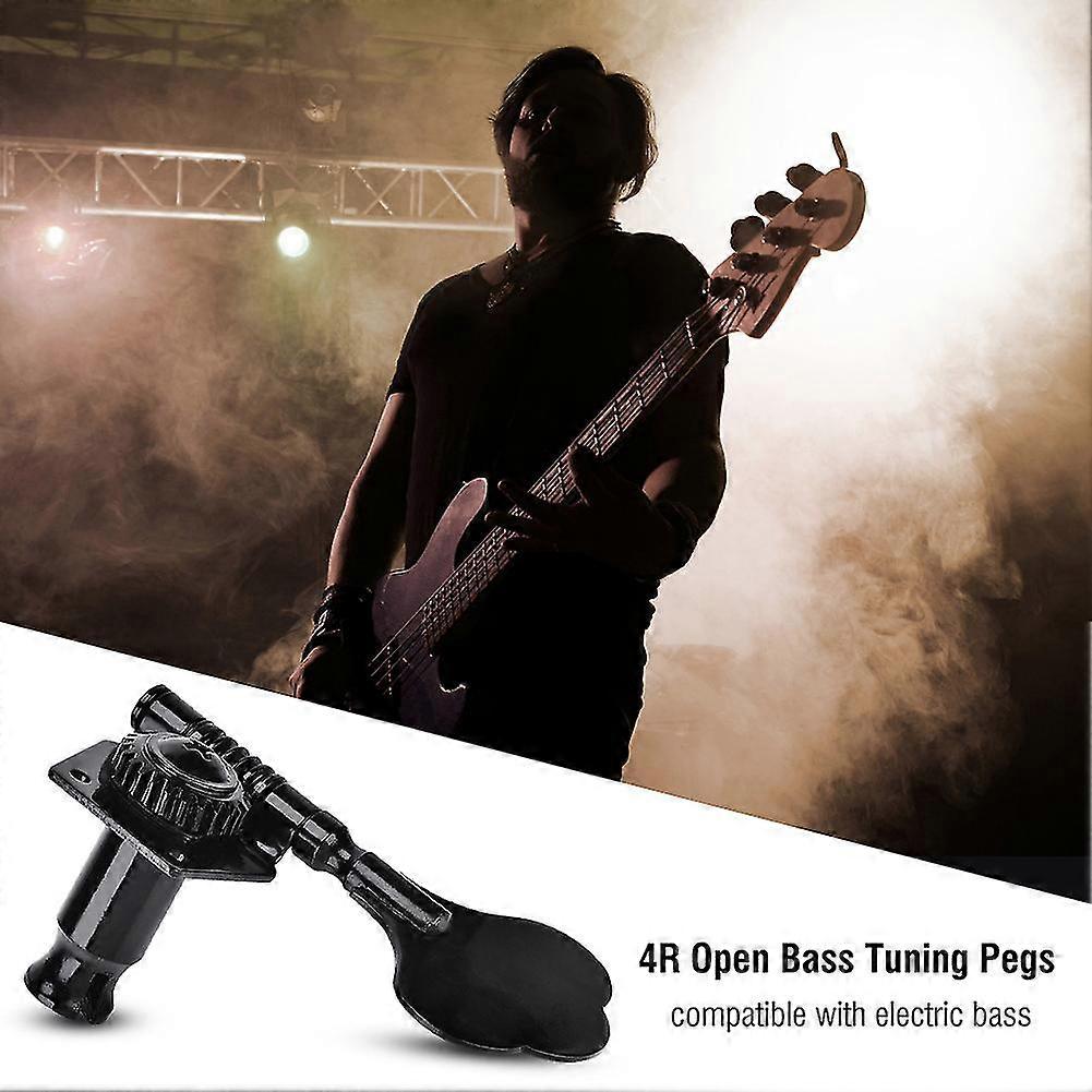 Bass String Tuning Pegs - Open Tuners - Zinc Alloy - 4 Pack - Black - Tool-Free Mounting