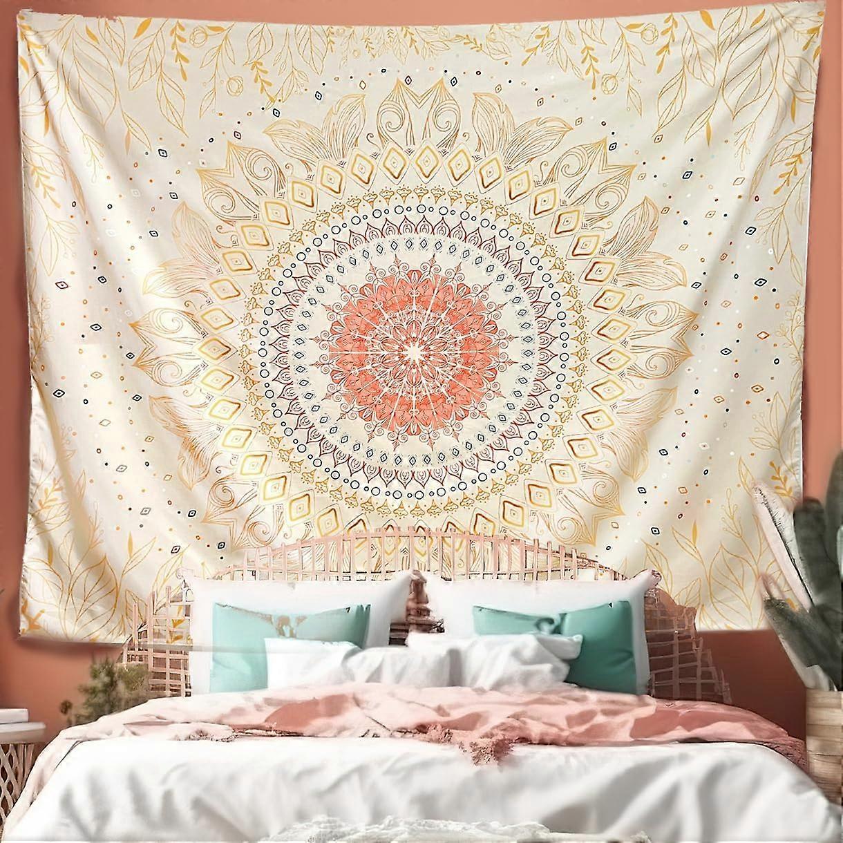نسيج بوهيمي - ماندالا نسيج جمالي - نسيج بوهو هندي معلق على الحائط - ديكور غرفة ماندالا صغيرة - منسوجات لغرفة نوم غرفة المعيشة (أصفر