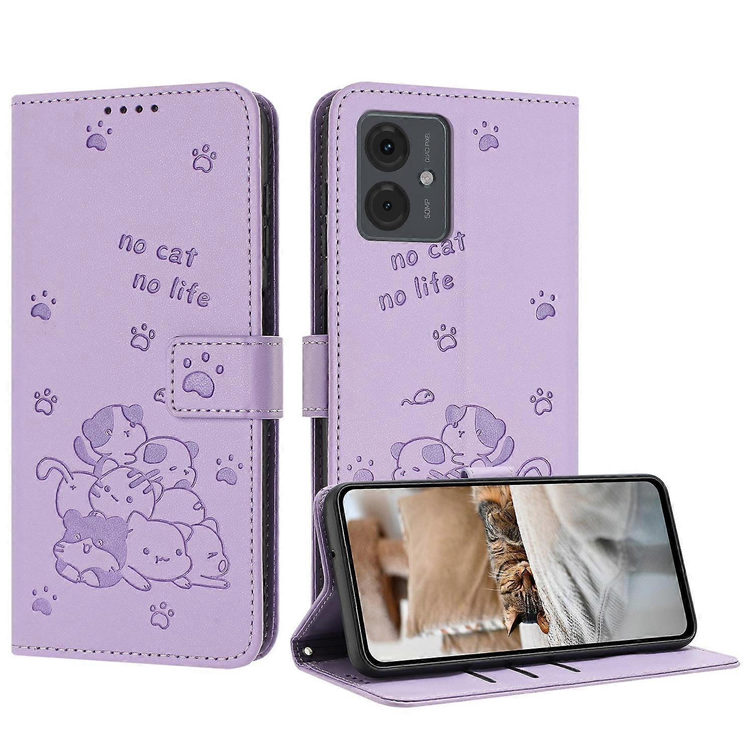Embossed Kitten PU Case For Motorola Moto G14