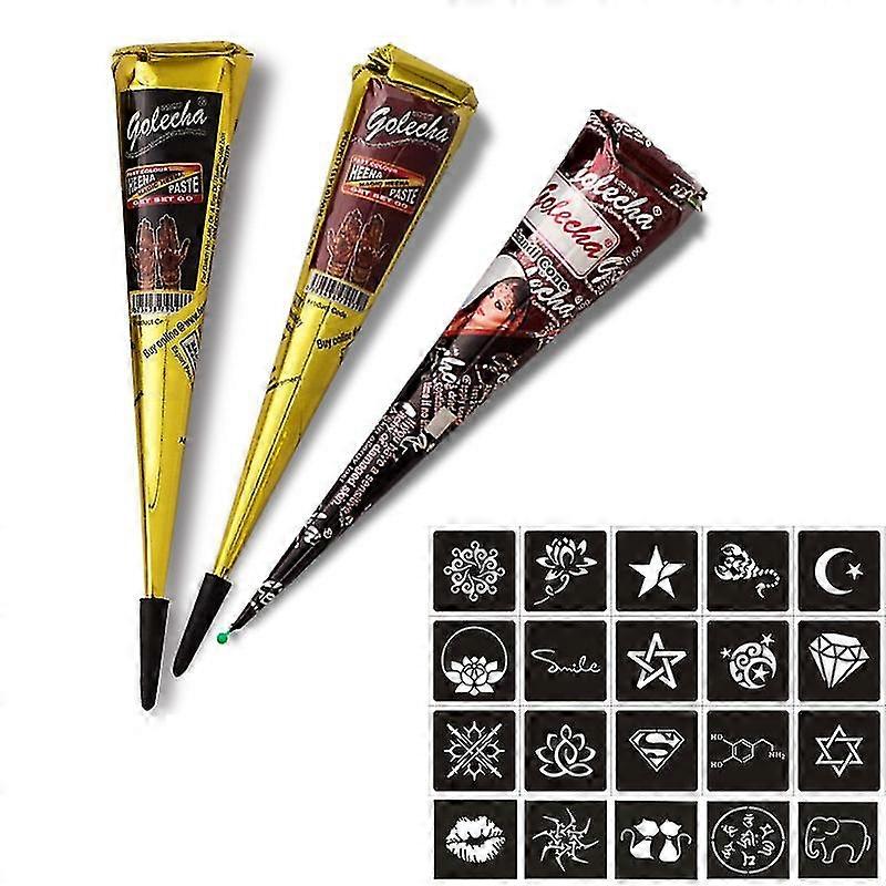 3 قطع طازجة عالية الجودة البني الداكن الطبيعي الحناء مهندي مخروط الوشم المؤقت مع قالب