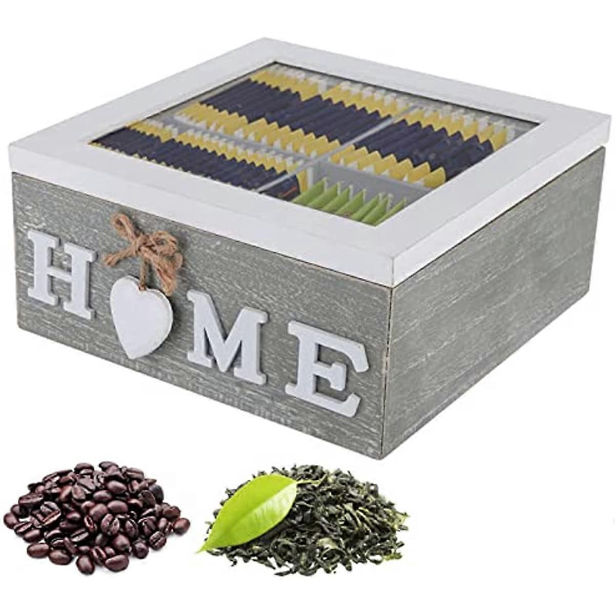 Aiyuego Coffee Tea Bag Storage Wood Tea Box 4 Compartments Organiser with Acrylic Transparent Lip fo