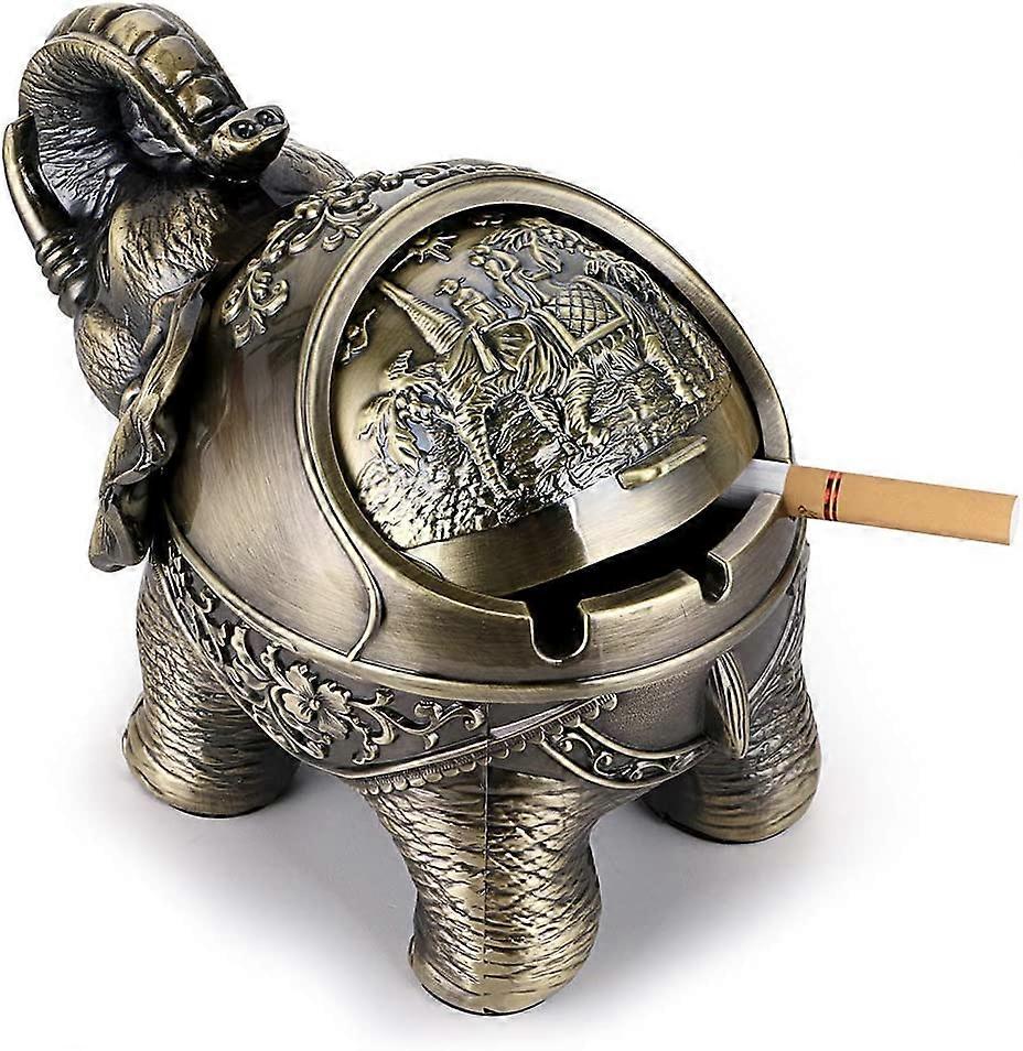 Vintage Windproof Ashtray with Lids - Retro Elephant Modeling Tabletop Ashtray for Outdoor and Indoor Use, Retro Home and Office Decoration Green Bron