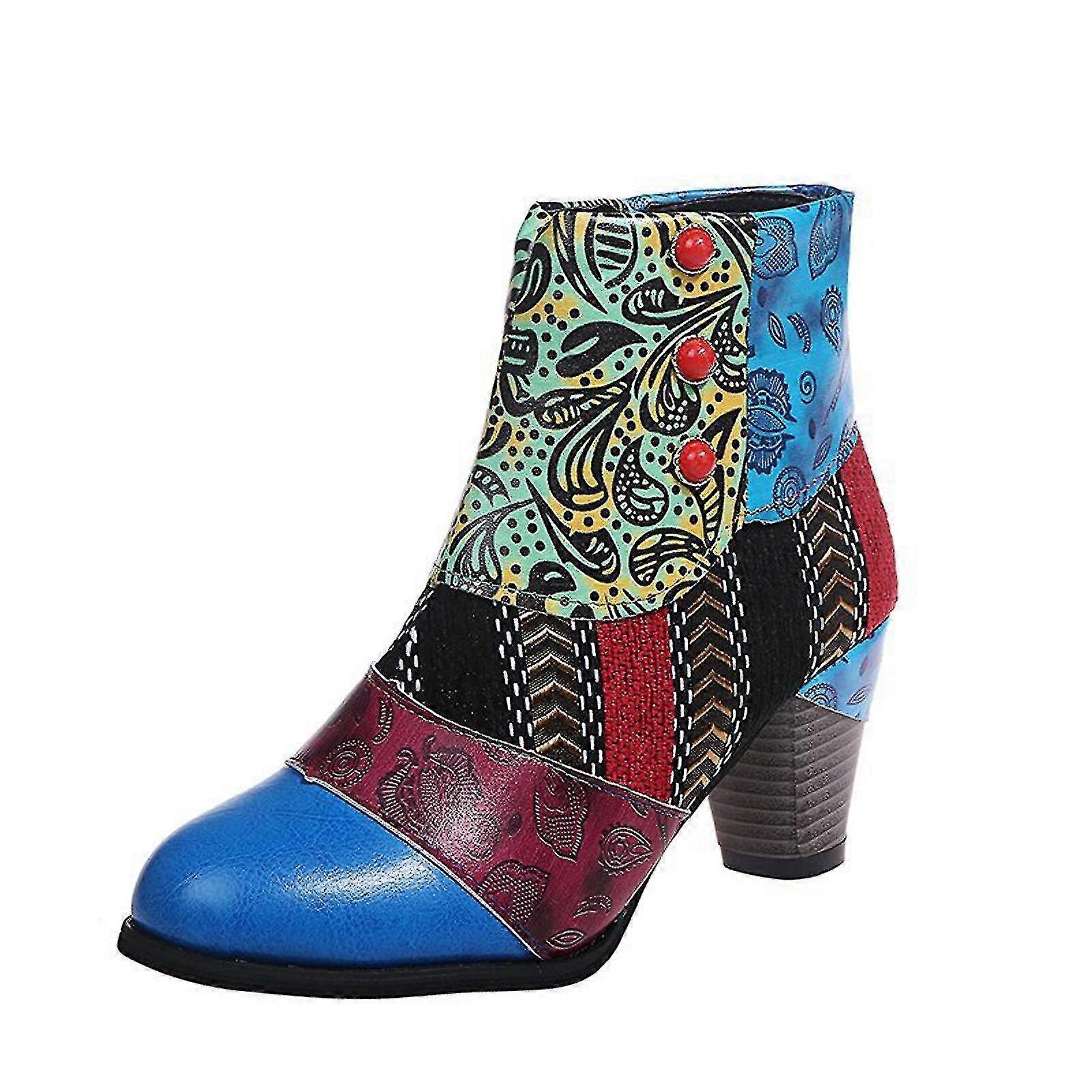 Women'S Shoes Retro National-Style Splicing Mid Heel Zipper Short Leat