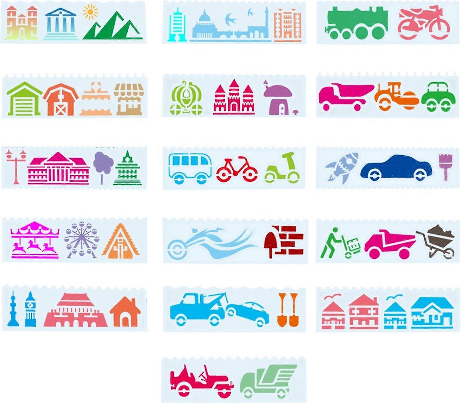 2 Sets 2 Styles PET Hollow Out Plastic Drawing Painting Stencils Templates Rectangle with Building Pattern Vehicle Pattern 185x55x0.2mm 1 set/style