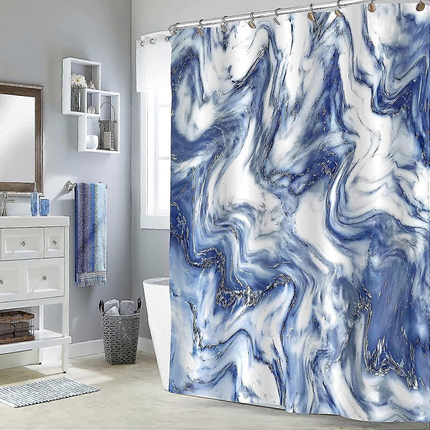 Navy Blue Marble Shower Curtain Set, Blue White Shower Curtain For Bathroom Decor, Abstract Fabric Shower Curtain Liner For Bathtub, Dark Blue Cloth S