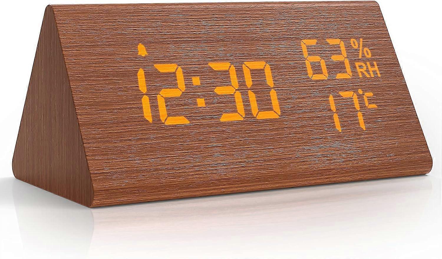 Alarm Digital LED Digital Clock Wood with Voice Control/Snooze/Date/Temperature and Humidity, Brown