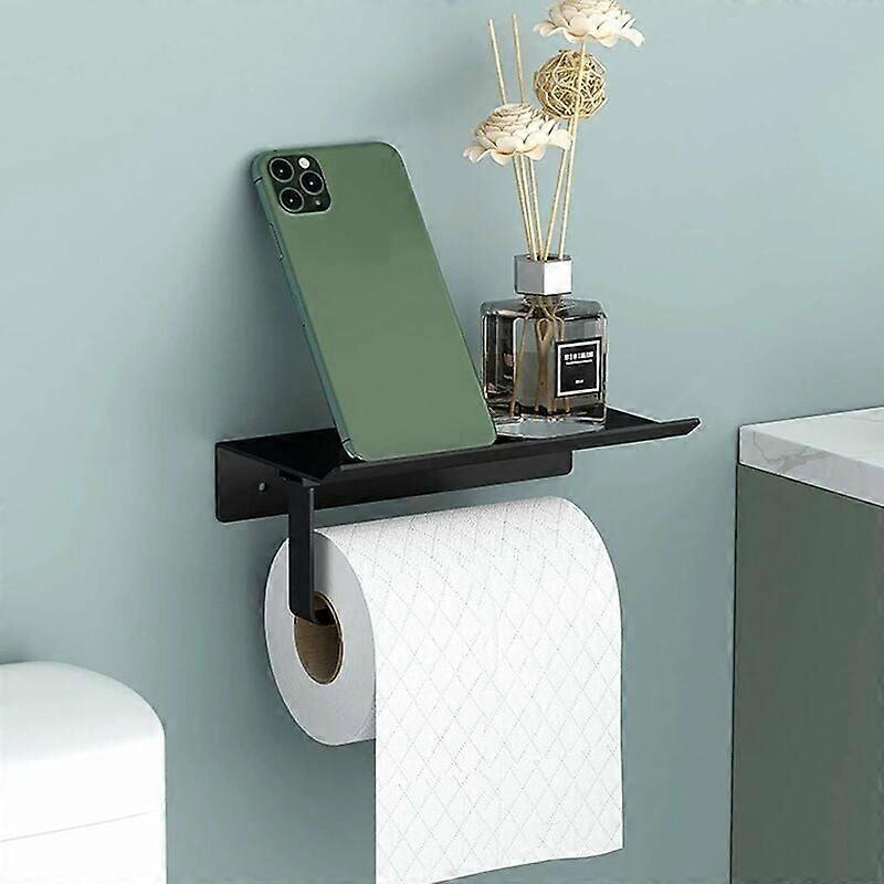 Toilet Paper Stand with Shelf, Modern and Stylish Design, Anti-Drop Half Open Arm, Wall Mounted with Easy Installation for Home Bathroom (Black,