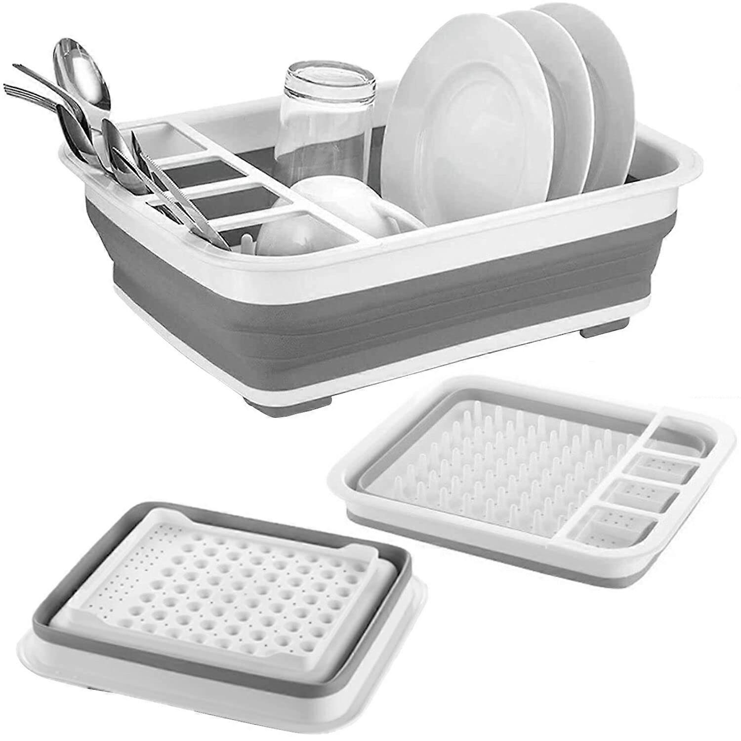 Collapsible Popup Dish Drying Rack for Kitchen Sink with Cutlery Compartment and Space for Eight Plates, Sturdy Design