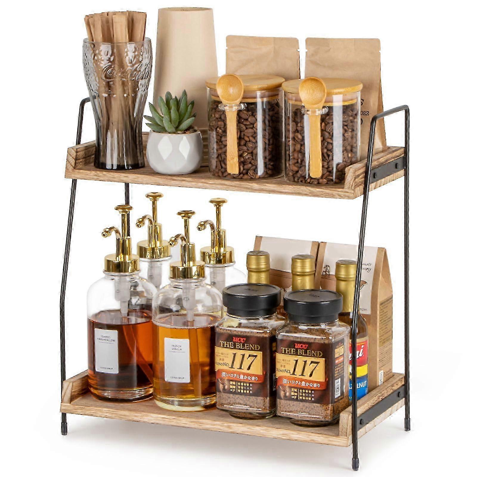Brown Countertop Coffee Station Organizer for Kitchen Home Use